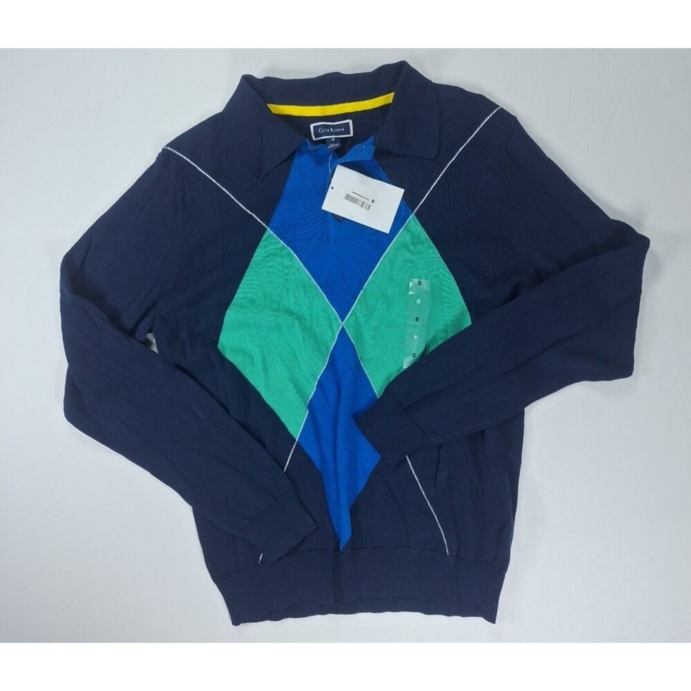 Club Room Men's Size S Blue Green Diamond Argyle Button Collar Pullover Sweater
